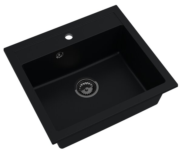 Sink Quality Ferrum, kuchynský granitový drez 565x510x205 mm + čierny sifón, čierna, SKQ-FER.C.1K60.XB