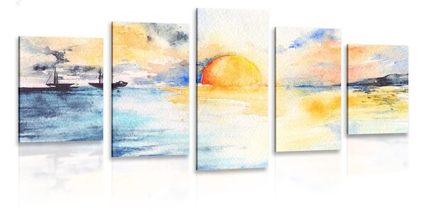 5-dielny obraz žiarivý západ slnka pri mori