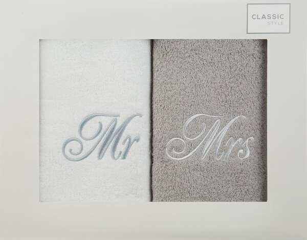 Béžovo biele bavlnené uteráky s nápisom MR a MRS Béžová