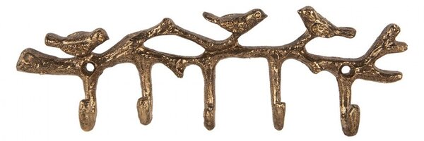 Zlatý antik nástenný kovový vešiak s 5timi háčikmi a vtáčikmi - 18*2*6 cm - Clayre & Eef