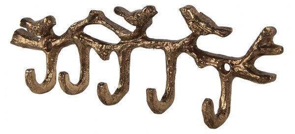 Zlatý antik nástenný kovový vešiak s 5timi háčikmi a vtáčikmi - 18*2*6 cm - Clayre & Eef