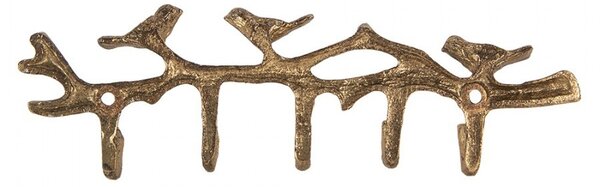 Zlatý antik nástenný kovový vešiak s 5timi háčikmi a vtáčikmi - 18*2*6 cm - Clayre & Eef