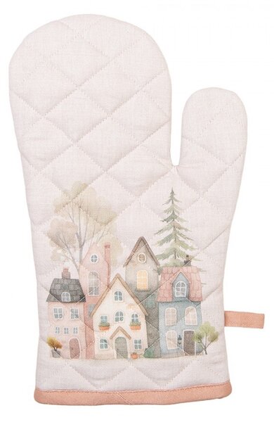 Béžová bavlnená chňapka - rukavice so srdiečkami a domčekmi Hearts & Houses - 18*30 cm - Clayre & Eef