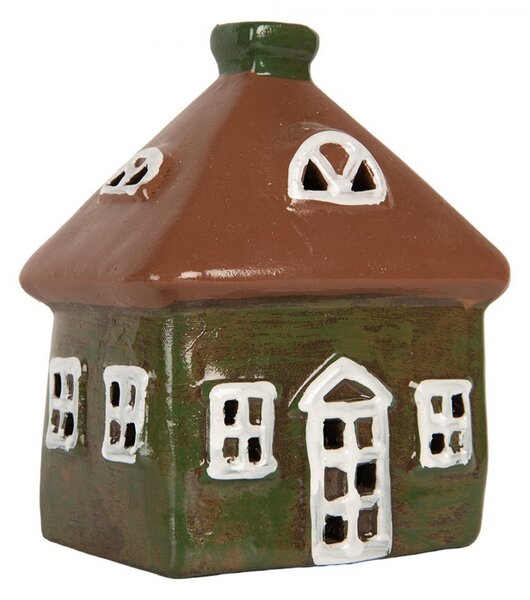 Zelený keramický svietnik na čajovú sviečku domček Village - 12*9*14 cm - Clayre & Eef
