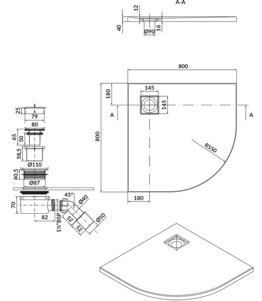 Cersanit Tako Slim, štvrťkruhová sprchová vanička 80x80x4 cm + biely sifón, biela matná, S932-155