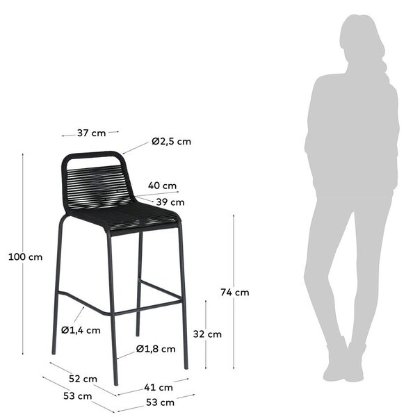 Čierna barová stolička s oceľovou konštrukciou Kave Home Glenville, výška 74 cm