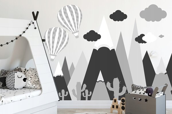 Moderná čierno sivá nálepka na stenu hory a lietajúce balóny 100 x 200 cm