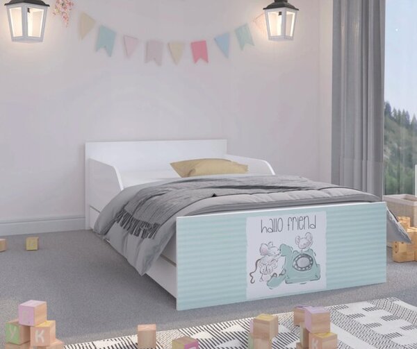 Vkusná detská posteľ s mentolovým čelom 180 x 90 cm s myšičkami Biela