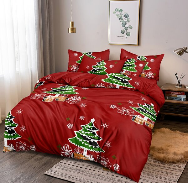 Sviatočné červené vianočné posteľné obliečky s vianočným stromčekom Červená