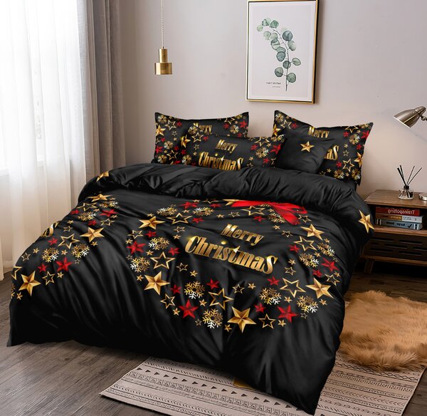Sviatočné vianočné čierne posteľné obliečky s motívom adventného venca Čierna
