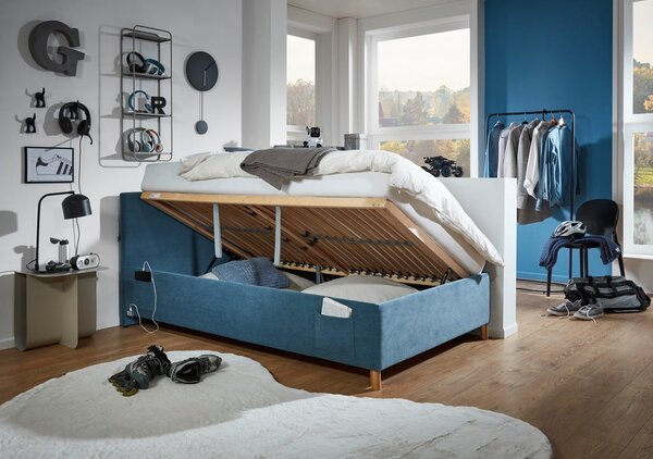 Modrá čalúnená detská posteľ s úložným priestorom s roštom 90x200 cm Cool – Meise Möbel