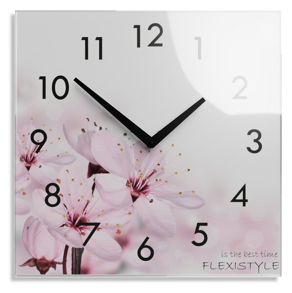 Dekoračné sklenené hodiny 30 cm s motívom kvitnúcich kvetov Ružová