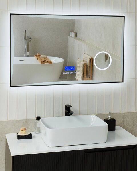 Kúpeľňové nástenné LED zrkadlo strieborné obdĺžnikové 100 x 60 cm s Bluetooth reproduktorom