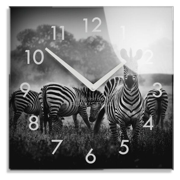 Dekoračné čierno biele sklenené hodiny 30 cm s motívom zebry Čierna
