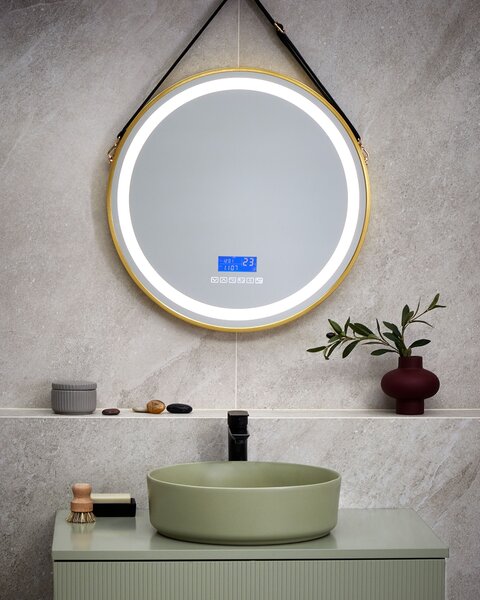 Kúpeľňové nástenné LED zrkadlo zlaté okrúhle 60 x 60 cm s Bluetooth reproduktorom
