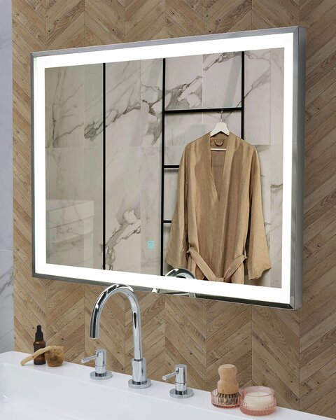 Nástenné závesné LED zrkadlo strieborné 80 x 60 cm obdĺžnikové moderné kúpeľňové