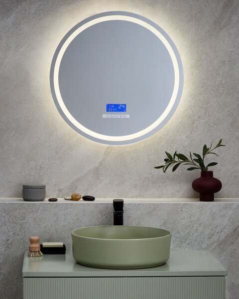 Kúpeľňové nástenné LED zrkadlo strieborné okrúhle 60 x 60 cm s Bluetooth reproduktorom