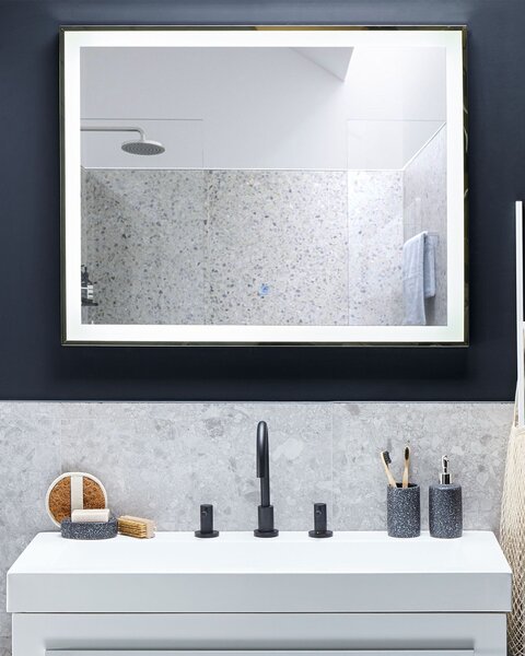 Nástenné závesné LED zrkadlo strieborné 90 x 70 cm obdĺžnikové moderné kúpeľňové
