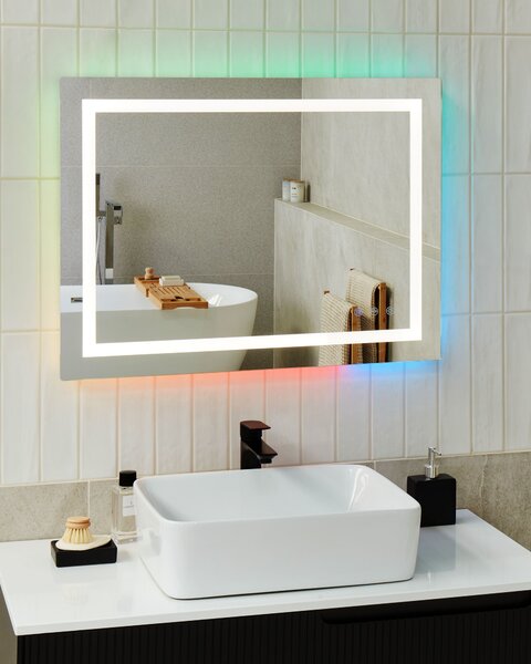 Kúpeľňové nástenné LED zrkadlo strieborné obdĺžnikové 80 x 60 cm elegantný dizajn