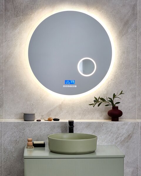 Kúpeľňové nástenné LED zrkadlo strieborné okrúhle 80 x 80 cm s Bluetooth reproduktorom