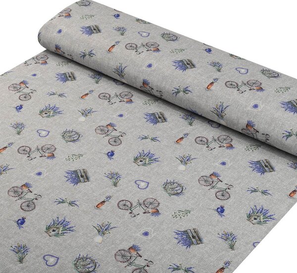 Dekoračná látka PML-097 Levandule a bicykle na sivom režnom - šírka 150 cm