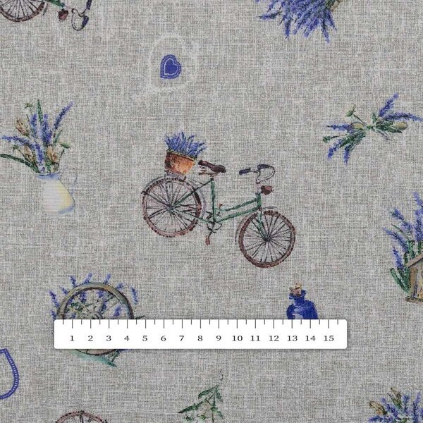 Dekoračná látka PML-097 Levandule a bicykle na sivom režnom - šírka 150 cm