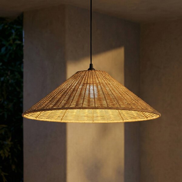 Lucande Vonkajšia závesná lampa Taniola, 1-pl., kužeľovitá, Ø 60 cm, Tmavé drevo, Drevo, Vidiecky / Rustikálny, Závesné svietidlo