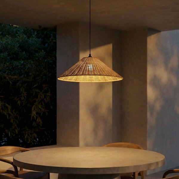 Lucande Vonkajšia závesná lampa Taniola, 1-pl., kužeľovitá, Ø 60 cm, Tmavé drevo, Drevo, Vidiecky / Rustikálny, Závesné svietidlo