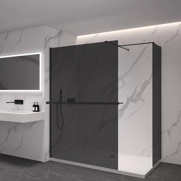 CERANO - Sprchová zástena Walk-in Onyx TL/P - 8 mm - hranatá vzpera + polička/držiak na uteráky - čierna matná, grafitové sklo - 100x100x200 cm