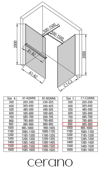 CERANO - Sprchová zástena Walk-in Onyx TL/P - 8 mm - hranatá vzpera + polička / držiak na uteráky - čierna matná, industriálne sklo - 150x90x200 cm