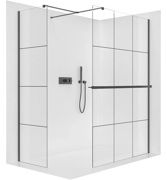 CERANO - Sprchová zástena Walk-in Onyx TL/P - 8 mm - hranatá vzpera + polička/držiak na uteráky - čierna matná, industriálne sklo - 100x100x200 cm