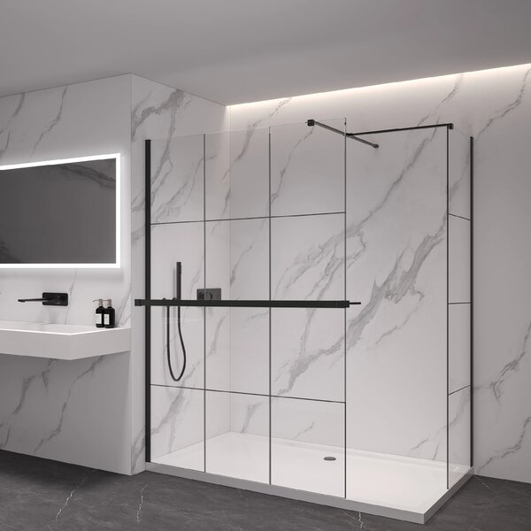 CERANO - Sprchová zástena Walk-in Onyx TL/P - 8 mm - hranatá vzpera + polička/držiak na uteráky - čierna matná, industriálne sklo - 100x100x200 cm