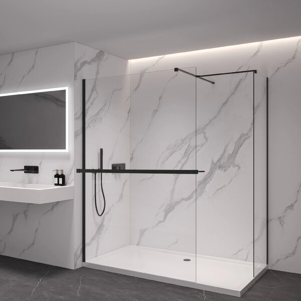 CERANO - Sprchová zástena Walk-in Onyx TL/P - 8 mm - hranatá vzpera + polička/držiak na uteráky - čierna matná, transparentné sklo - 40x40x200 cm