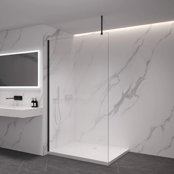 CERANO - Sprchová zástena Walk-in Onyx Top Round Ľ/P - 8 mm - guľatá vzpera - čierna matná, ryhované sklo - 50x200 cm