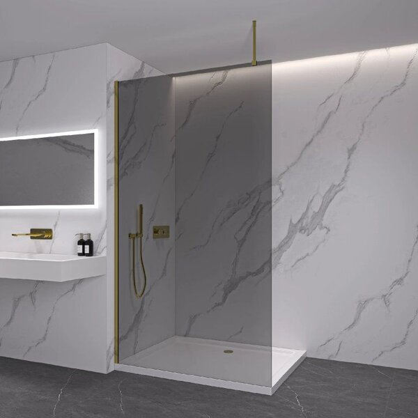 CERANO - Sprchová zástena Walk-in Onyx Top Round Ľ/P - 8 mm - guľatá vzpera - zlatá, grafitové sklo - 50x200 cm