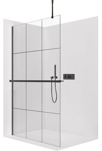 CERANO - Sprchová zástena Walk-in Onyx Top Round Ľ/P - 8 mm - guľatá vzpera + polička/držiak na uteráky - čierna matná, industriálne sklo - 90x200 cm