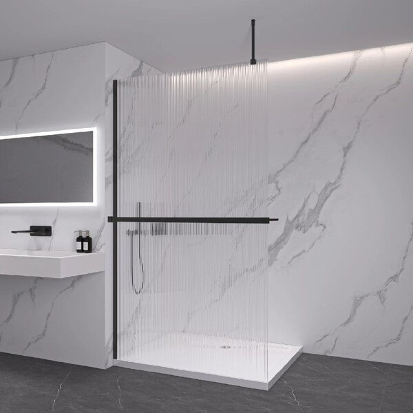 CERANO - Sprchová zástena Walk-in Onyx Top Round Ľ/P - 8 mm - guľatá vzpera + polička/držiak na uteráky - čierna matná, ryhované sklo - 50x200 cm
