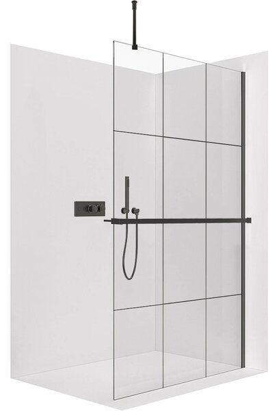 CERANO - Sprchová zástena Walk-in Onyx Top Round Ľ/P - 8 mm - guľatá vzpera + polička/držiak na uteráky - čierna matná, industriálne sklo - 90x200 cm