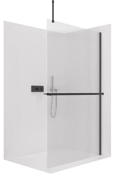 CERANO - Sprchová zástena Walk-in Onyx Top Round Ľ/P - 8 mm - guľatá vzpera + polička/držiak na uteráky - čierna matná, ryhované sklo - 50x200 cm