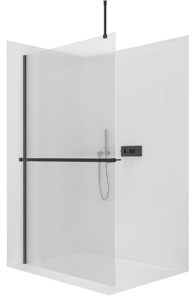 CERANO - Sprchová zástena Walk-in Onyx Top Round Ľ/P - 8 mm - guľatá vzpera + polička/držiak na uteráky - čierna matná, ryhované sklo - 50x200 cm