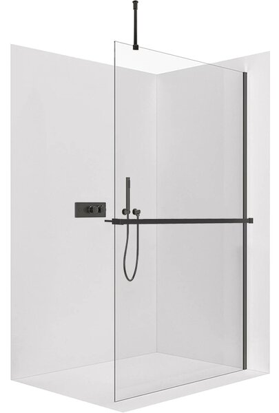 CERANO - Sprchová zástena Walk-in Onyx Top Round Ľ/P - 8 mm - guľatá vzpera + polička/držiak na uteráky - čierna matná, transparentné sklo - 40x200 cm