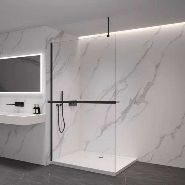 CERANO - Sprchová zástena Walk-in Onyx Top Round Ľ/P - 8 mm - guľatá vzpera + polička/držiak na uteráky - čierna matná, transparentné sklo - 40x200 cm