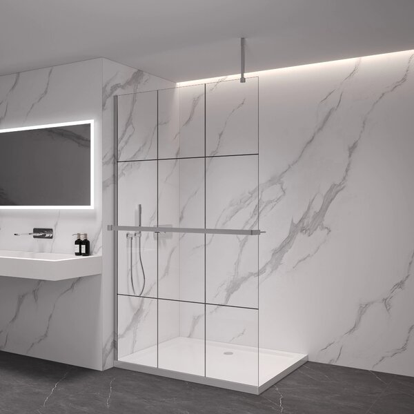 CERANO - Sprchová zástena Walk-in Onyx Top Cube Ľ/P - 8 mm - hranatá vzpera + polička/držiak na uteráky - chróm, industriálne sklo - 90x200 cm