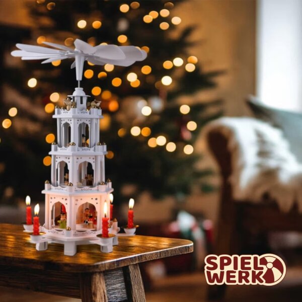 Vianočná pyramída MERRY, 60x20x20cm, biela Spielwerk