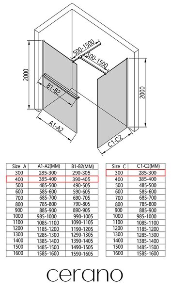 CERANO - Sprchová zástena Walk-in Onyx TL/P - 8 mm - hranatá vzpera + polička/držiak na uteráky - chróm, transparentné sklo - 40x30x200 cm
