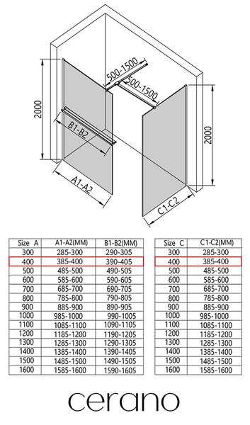 CERANO - Sprchová zástena Walk-in Onyx TL/P - 8 mm - hranatá vzpera + polička/držiak na uteráky - čierna matná, transparentné sklo - 40x40x200 cm