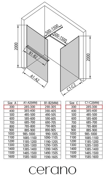 CERANO - Sprchová zástena Walk-in Onyx TL/P - 8 mm - hranatá vzpera + polička/držiak na uteráky - chróm, transparentné sklo - 30x30x200 cm
