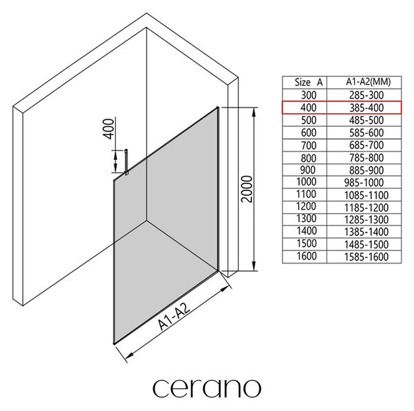 CERANO - Sprchová zástena Walk-in Onyx Top Cube Ľ/P - 8 mm - hranatá vzpera - čierna matná, mliečne sklo - 40x200 cm