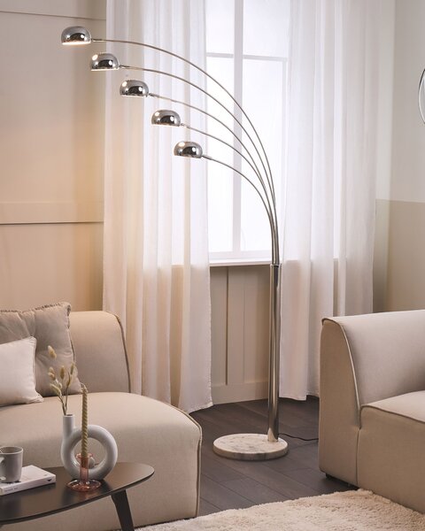 Stojaca lampa strieborná kovová chrómovaná 210 cm s 5 nastaviteľnými tienidlami oblúkový dizajn industriálny štýl