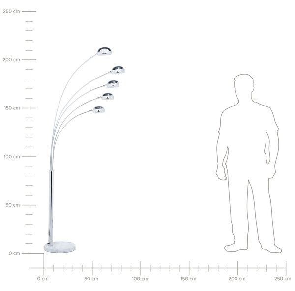 Stojaca lampa strieborná kovová chrómovaná 210 cm s 5 nastaviteľnými tienidlami oblúkový dizajn industriálny štýl